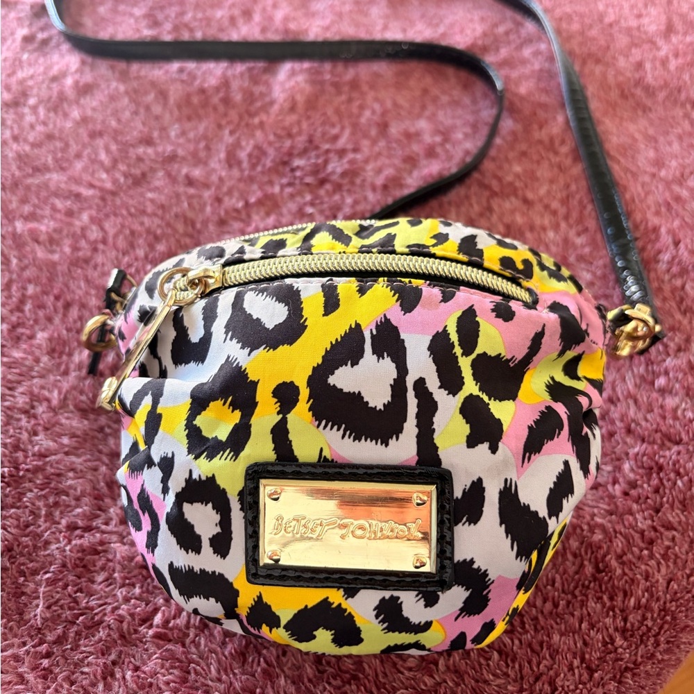 Betsey Johnson Neon Yellow Pink Black Leopard Crossbody Bag